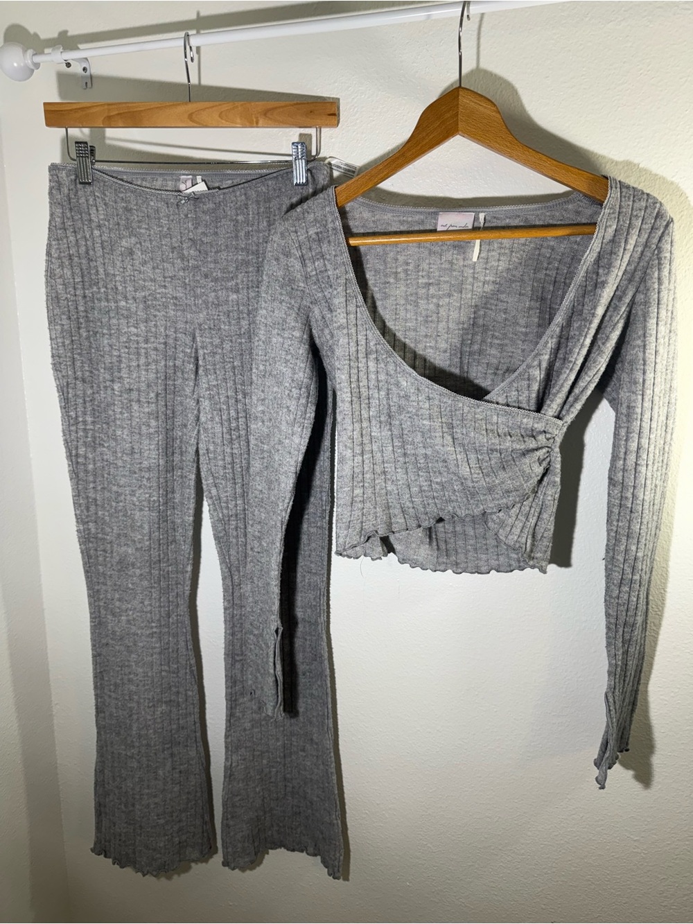 Urban Outfitters Out From Under Ribbed Knit 2 Piece Set Gray Wrap Top Flare Pant